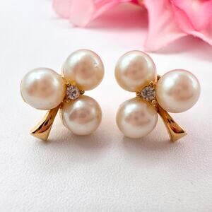 Vintage Faux Pearl Clover Stud Earrings Rhinestone Bridal Wedding Bridesmaid